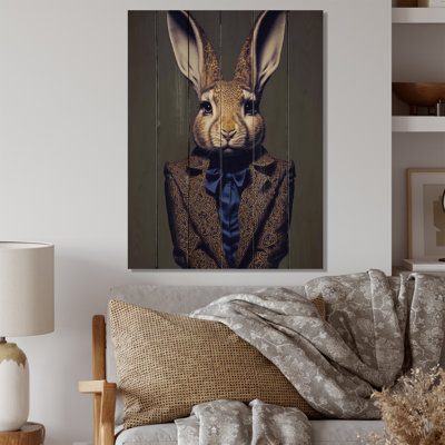 Lapin de fantaisie dans un costume gris et bleu - impression sur bois