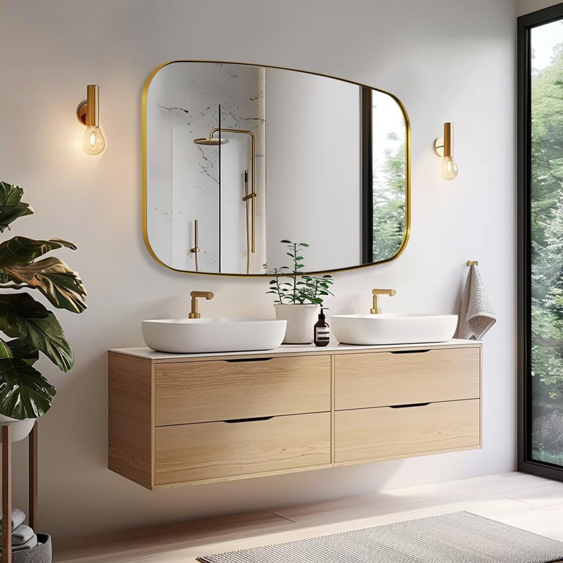 Modern Oblong Oval Bathroom Vanity Mirror | Stainless Steel Frame, Brushed Gold, 40" x 30"