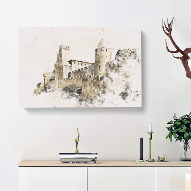 La Cite Citadel in Carcassonne France Watercolour - Wrapped Canvas, 35cm H x 50cm W x 3cm D