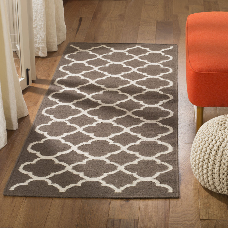 Rodgers Hand Woven Flat Weave Banana Silk/Wool/Cotton Geometric Rug in Brown, Runner 2'6" x 7'
