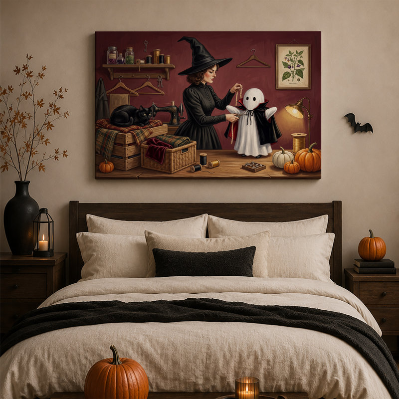 Art mural sur toile, sorcière mesurant le fantôme en couture marron, H 12 po x l 18 po
