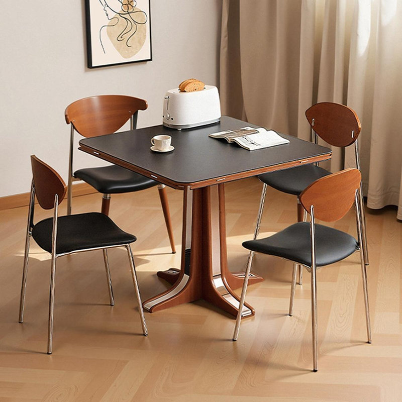 Table de salle à manger noire + brune + argent fritté rond + bois massif + acier inoxydable, Noir
