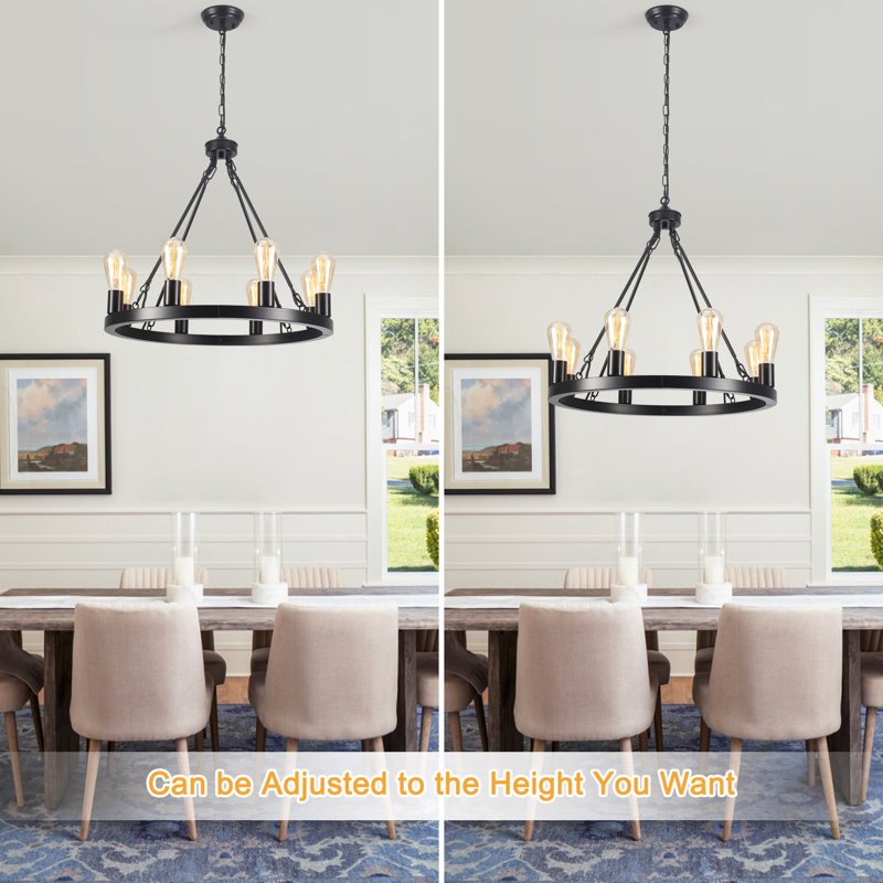 Myriane 8 - Light Rustic Vintage Wagon Wheel Chandelier for Living Room Foyer Entryway, Bedroom, Kitchen, Black
