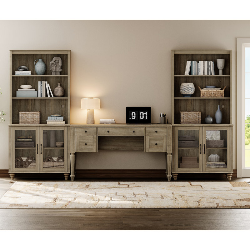 Ensemble de bureau Scarlett 2 pièces, bureau de direction 142 cm et ensemble de 2 bibliothèques à portes vitrées, chêne