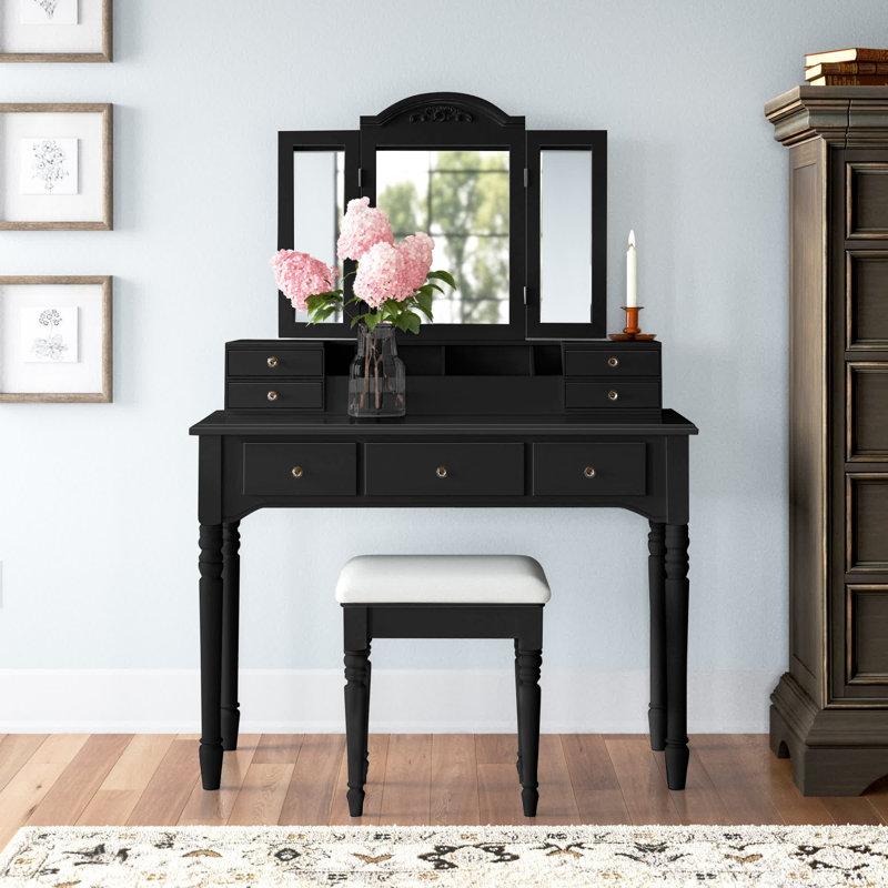 Ensemble de coiffeuse avec tabouret et miroir, Noir