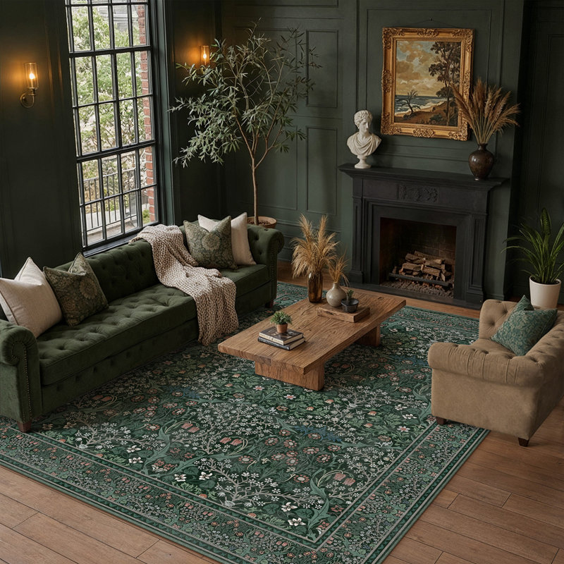 Tapis à motif floral rétro Ellis, Green, Rectangle 8'6" x 11'6"