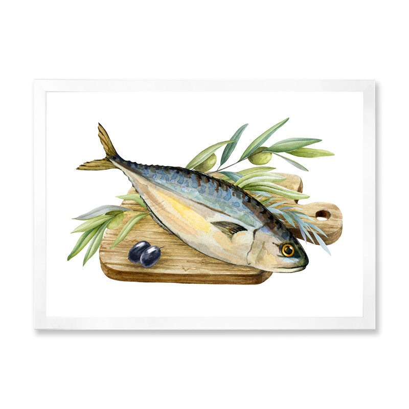 Poisson de mer avec herbes et branche d'olivier - Peinture sur toile, H 16 po x l 32 po, Cadre photo blanc