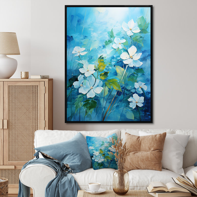 «Blue and White Tropical Plants Mirage 2 - Jungle», art mural, H 44 po x l 34 po x P 1,5 po, Cadre flottant noir