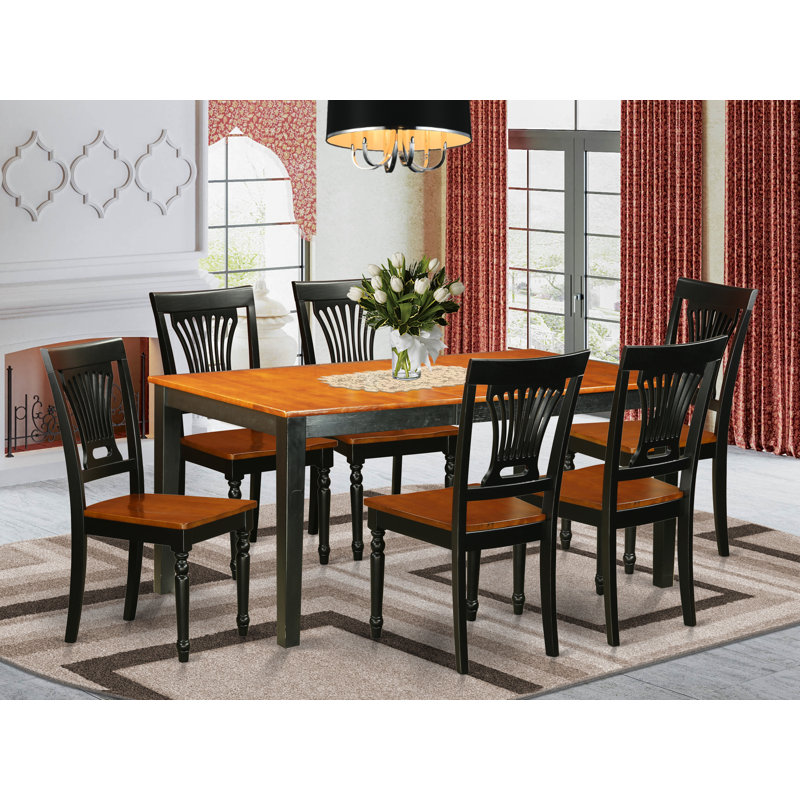 7 Piece Dining Table Set Consist of a Rectangle Dining Room Table with Butterfly Leaf and 6 Wooden Seat Chairs, Black & Cherry