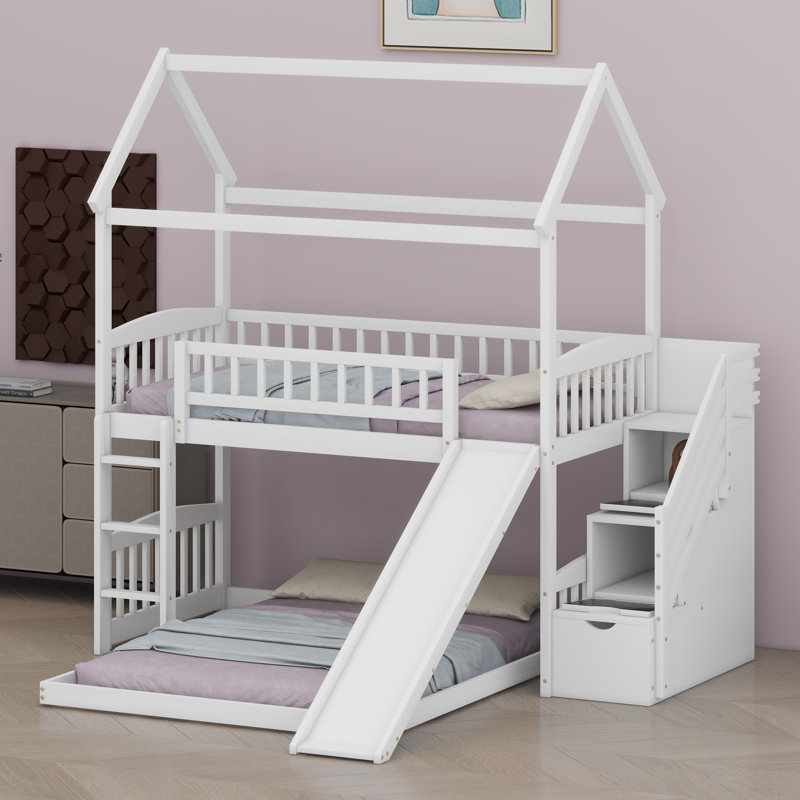 Lit superposé en forme de maison avec glissière intégrée et escalier de rangement, Blanc