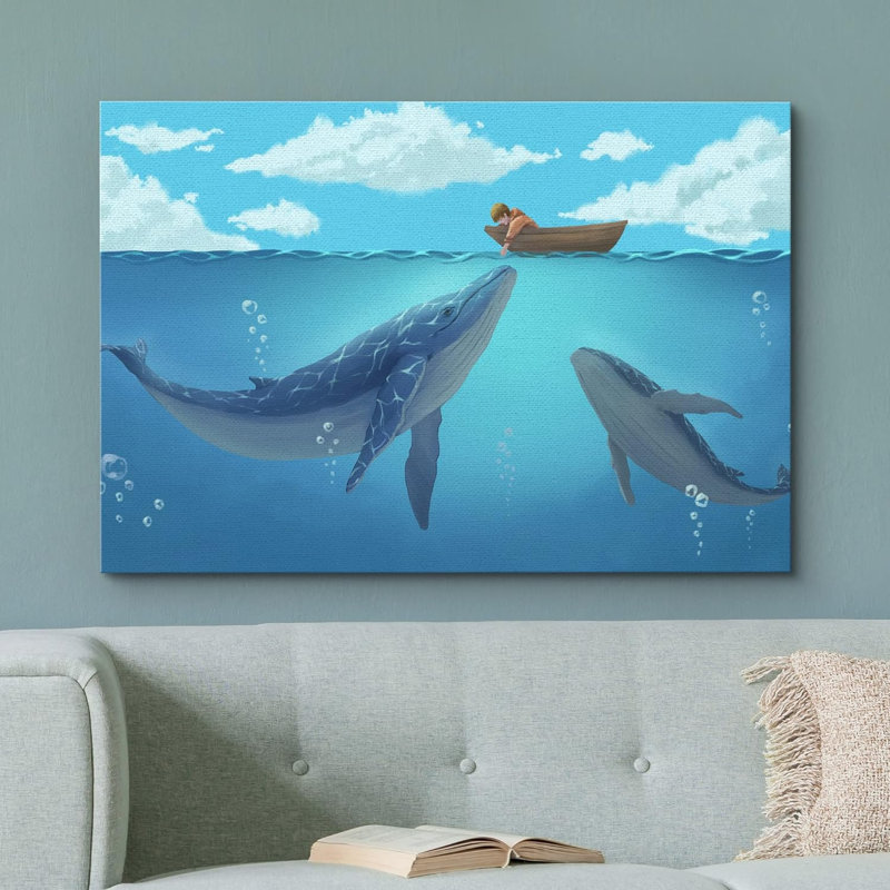 Nautical Animals " Hand Drawing Style Mystical Boy In The Boat On The Ocean With Blue Whales ", 32'' H x 48'' W