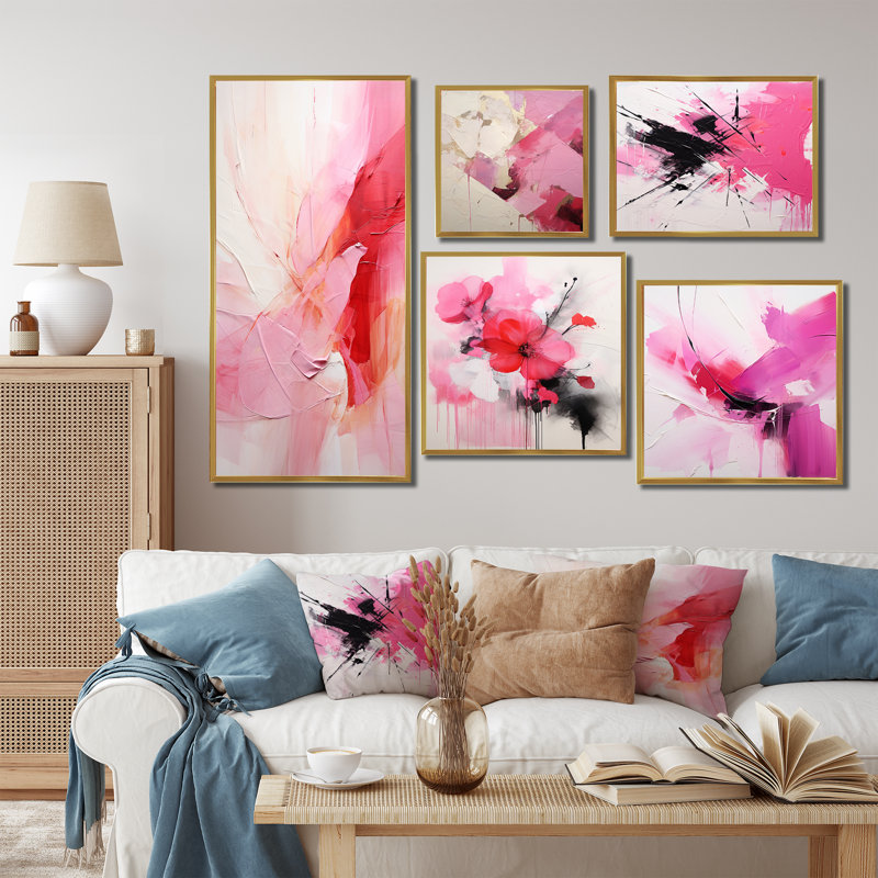 «Gold and Pink Minimal Abstract River I», ensemble d'art mural sur toile abstraite de 5, Cadre flottant doré
