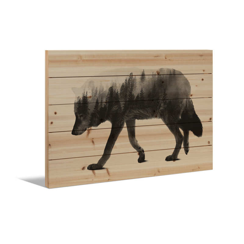 Reproduction d'art mural en bois - Le loup I en noir et blanc par Andreas Lie, H 26 po x l 40 po