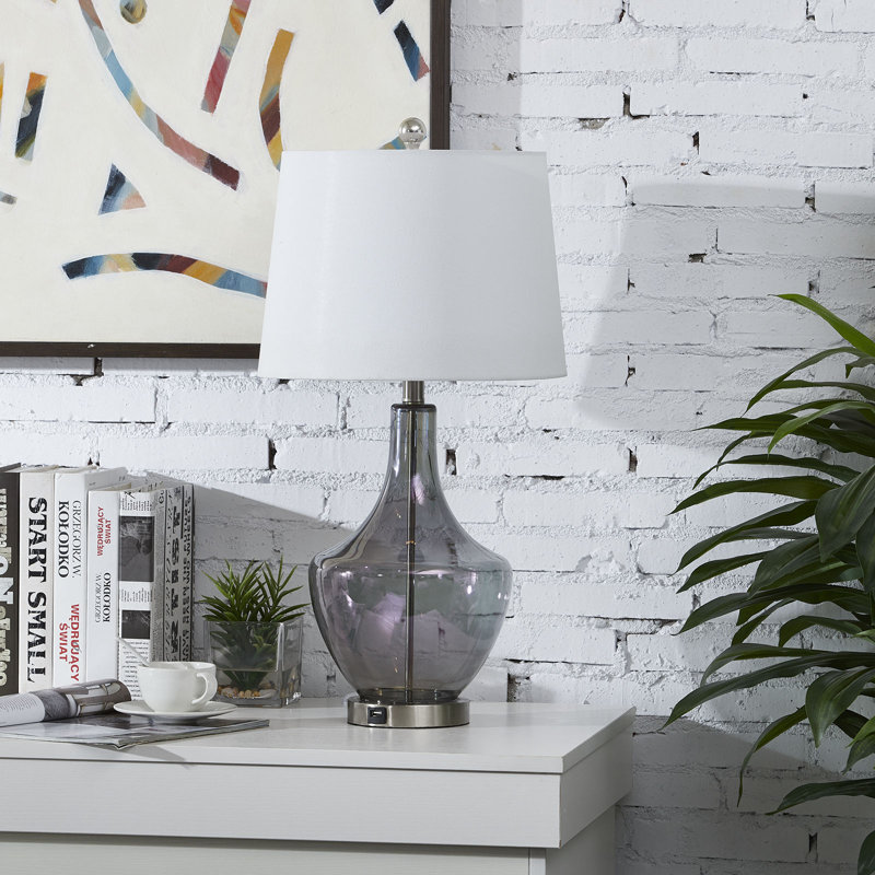 26" Smoked Glass Table Lamp with White Linen Shade 3-Way Dimmable for Bedroom and Living Room