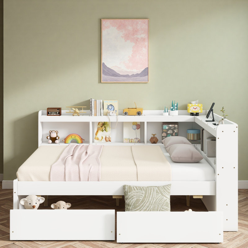 L-shaped Daybed With Bookcases, Power Outlets, Usb Charging Ports And 2 Drawers, Whtie