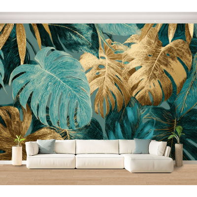 Papier peint adhésif à motif de feuilles de palmier tropical autocollant amovible à motif de feuilles de palmier tropicales pour salle de séjour H 100 po x l 144 po