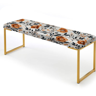 Vintage Brown Blossom Elegance - Floral Upholstered Gold Bench