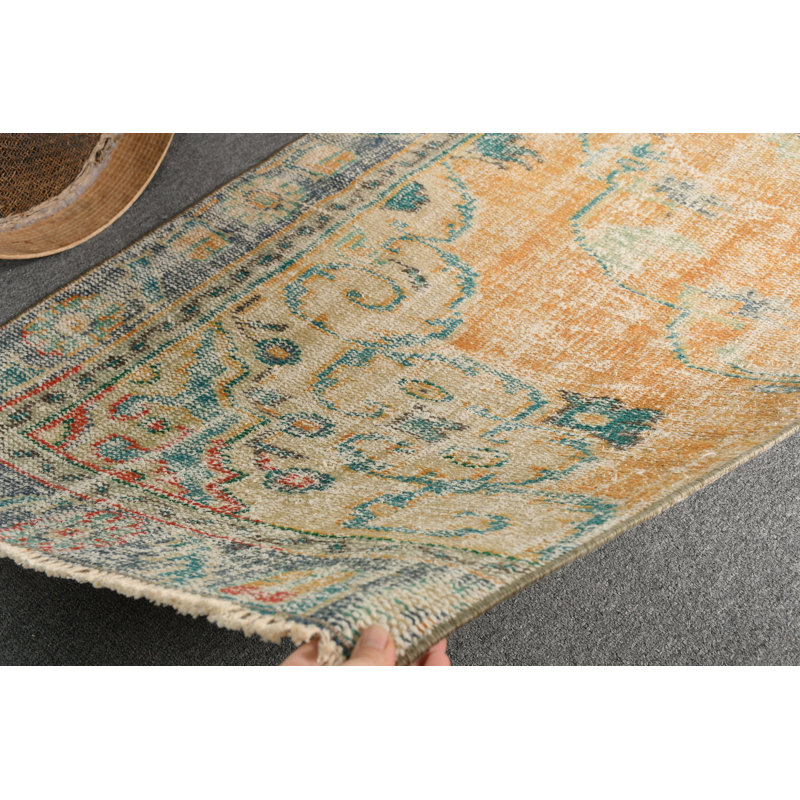 Handwoven Vintage Turkish Small Area Rug in Elegant Oushak Design for Living Room Decor Blue/Yellow
