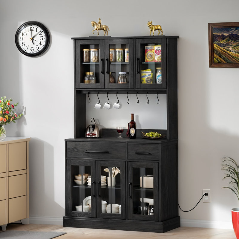 Armoire garde-manger en bois 71 po avec 2 tiroirs et tablettes de rangement Baskas, micro-ondes sur pied, crochets, Noir