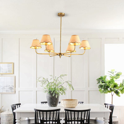 38" Gold 6-Lamp Chandelier With Hand-Woven Rattan Lampshade,  Mid-Century Hanging Pendant Light Fixture For Dining Room, Living Room, Or Kitchen (Bulb Not Included)
