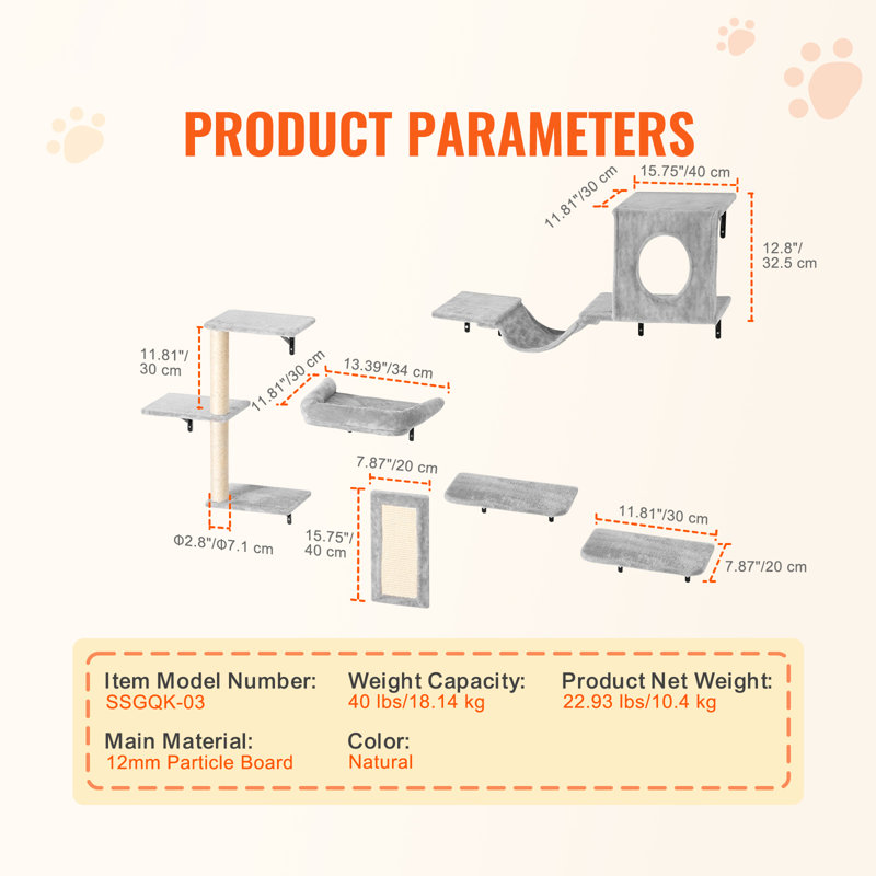 Ensemble de 6 tablettes murales pour chat avec tablettes de saut et support pour hamac