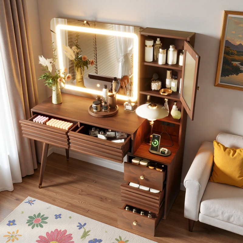 Bureau de maquillage avec miroir et lumières, 5 tiroirs, armoire de rangement en verre cannelé et prise de courant, Espresso