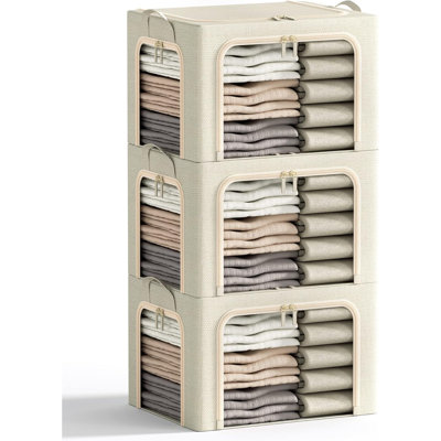 3 grands bacs de rangement pour vêtements avec cadre en métal, bac de rangement pliable pour les vêtements, bacs de rangement pour vêtements avec couvercle, boîte de rangement en lin avec fenêtre transparente et fermetures à glissière et poignées