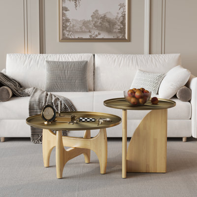 30 Inch Nesting Living Room Coffee Table Set With Round Brushed Gold Tray Top And Solid Wood X-Base