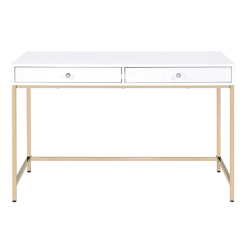 Bureau d'étude moderne blanc laqué avec accents dorés et piètement doré à finition brillante., 31.17" H x 21.09" W x 48.42" D