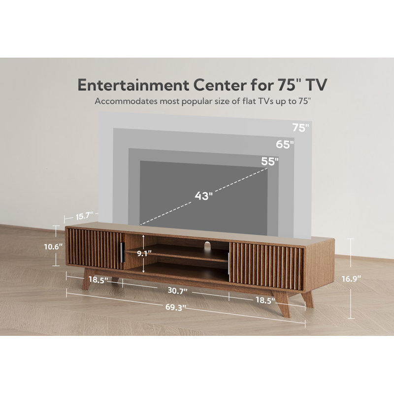 Modern TV Stand for TVs up to 75", Wood Entertainment Center with 2 Cabinets and Open Shelves, Multipurpose Sideboard Storage Cabinet for Living Room & Dining Room