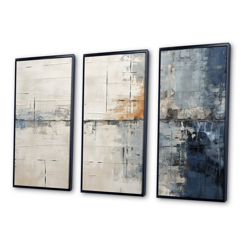 Abstract Blue Beige Road Collage II - Abstract Collages Canvas Wall Art Set, Black Floater Framed, 40" H x 60" W x 1" D