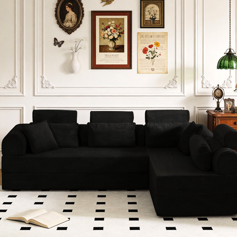 Canapé d'angle moderne 4 places en velours côtelé noir, transformable en lit, idéal pour différentes pièces
