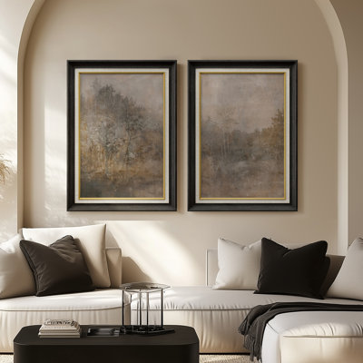 «Misty Woodland Landscape Warm Rustic», ensemble de 2 reproductions d'art encadrées de qualité supérieure sur papier 26 po x 36 po