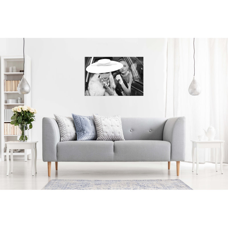 Panther Print Fine Art Prints Black & White Woman In A Hat & Bride In A Vintage Limousine Artistic Framed Canvas Prints, Pictures For Home Walls, Bedroom, Living Room & Bathroom Decor - Wrapped Canvas Art Prints