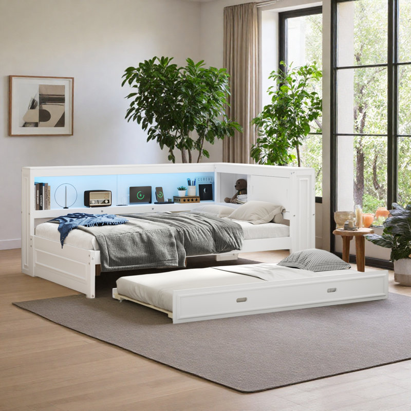 Full Size Wood Daybed With Trundle And Storage Shelves, White