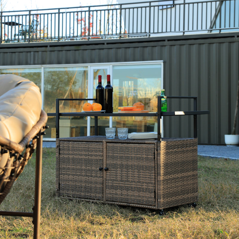 Chariot à vin Brown Garden - avec roues et plateau de table en verre pour le divertissement extérieur