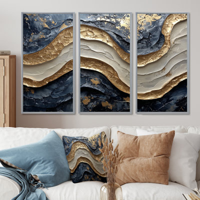 «Golden Eclipse On Marble Dancing Waves III», ensemble de 3 réalismes abstraites
