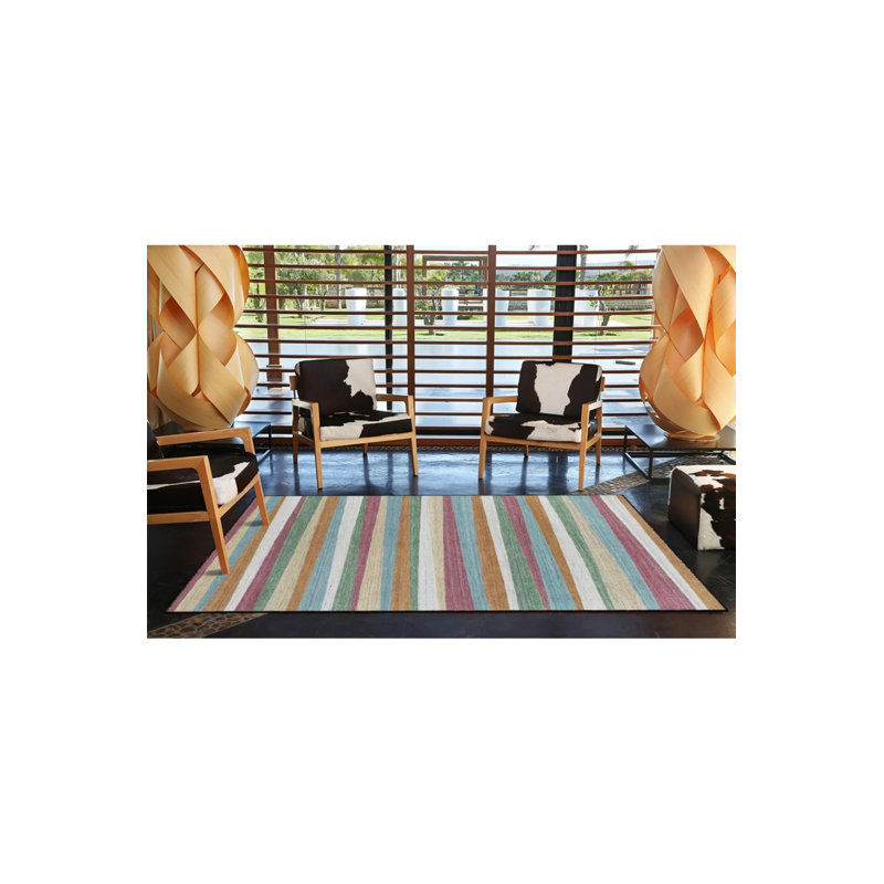 Horizontal Striped Multicolored Woven Base Washable Carpet, Round 4'