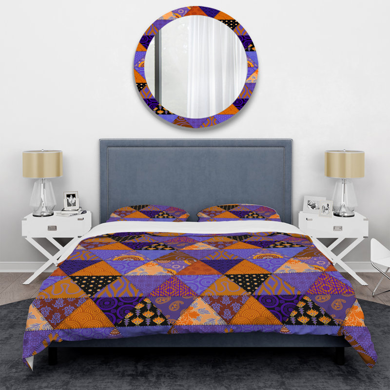 Orange and Purple Patchwork - Abstract Duvet Cover Set - Microfiber Polyester, Twin Duvet Cover + 1 Standard Sham