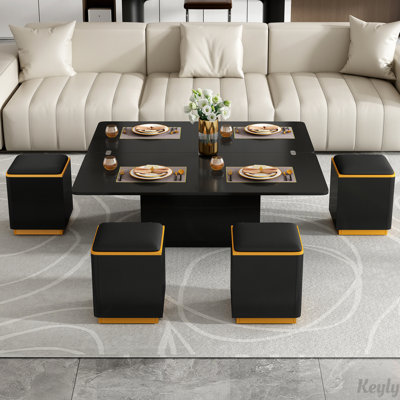Table basse à plateau relevable avec 4 tabourets de rangement et plateau pliable