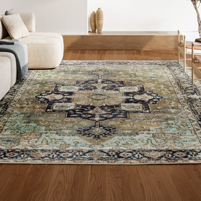 Maris Ornate Medallion Machine-Washable Green/Tan/Blue Rug, Rectangle 3'11" x 6'