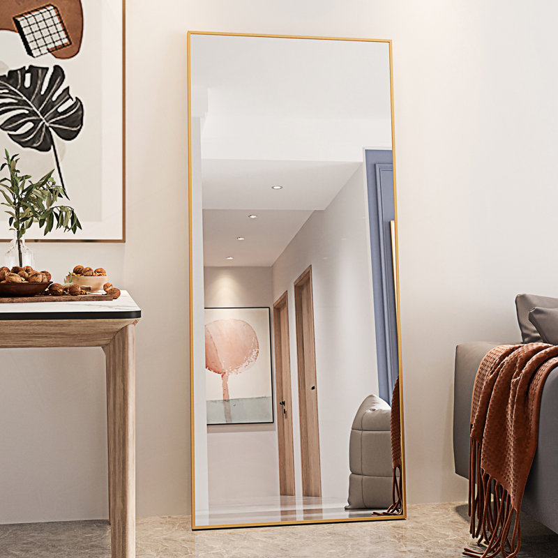 Miroir trempé, grand miroir pleine longueur avec support, 71,03 po x 32,03 po, Doré