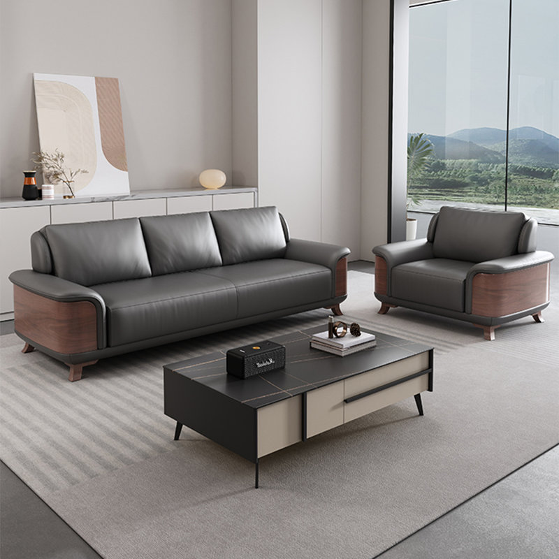 Ensemble de salon 2 pièces en cuir véritable gris foncé