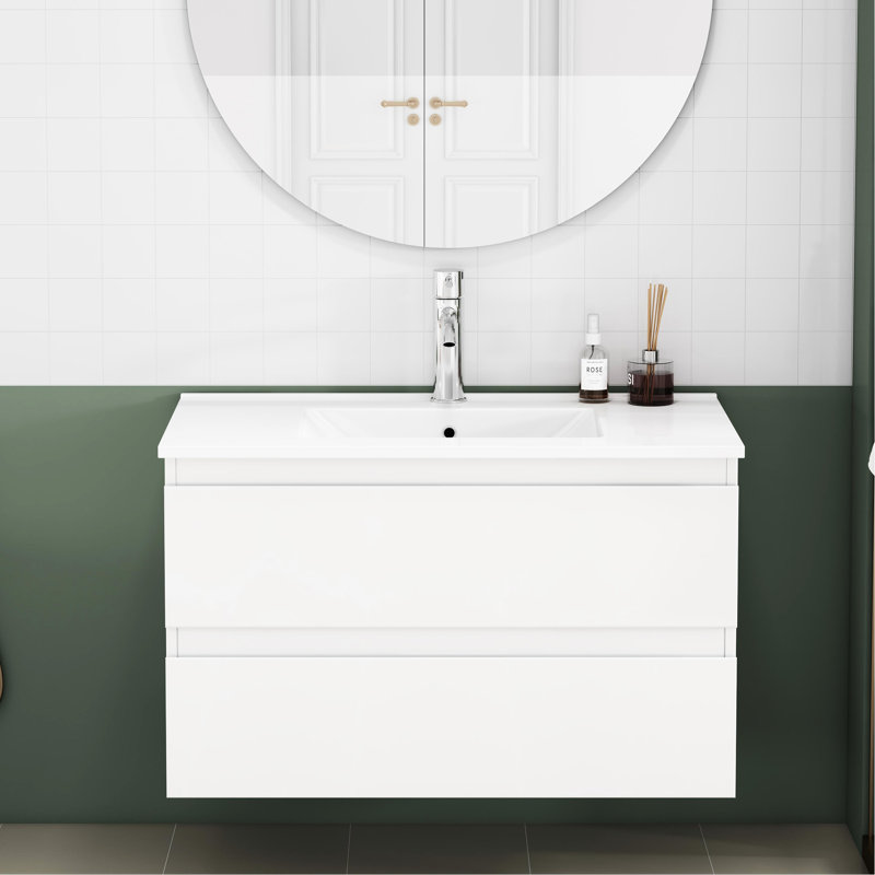 Meuble-lavabo 31,5 po avec lavabo, 2 tiroirs, fermeture douce, poignée, blanc brillant, meuble-lavabo décoratif de taille moyenne
