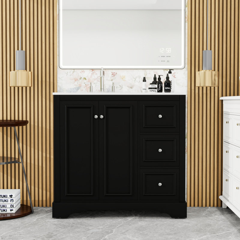 Meuble-lavabo de salle de bain avec lavabo en céramique, 3 tiroirs à fermeture en douceur et tablette ajustable en forme de U