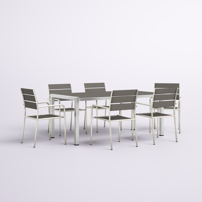 Shore 7 Piece Outdoor Patio Aluminum Dining Set, Silver