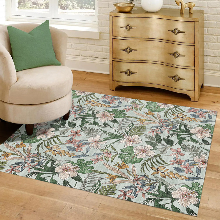 Rayna Thea Green Ivory Pink Orange Machine Washable Bold Floral Indoor Area Rug, Flat Pile & Slip-Resistant for Living Room & Bedroom