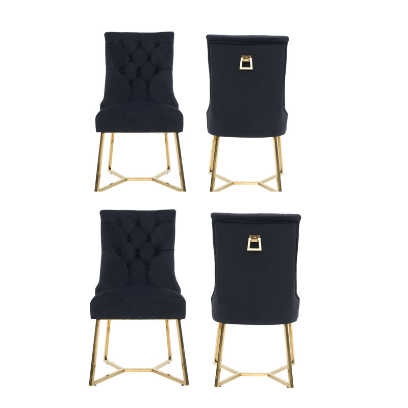 Ambra Modern Velvet Dining Chair With Gold Legs, Ring Handle & Tufted Back, Black