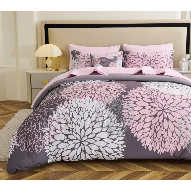 Ensemble d'édredon rose et gris à motif floral réversible 8 pièces Koniroom, Gris, Édredon grand + 7 articles supplémentaires