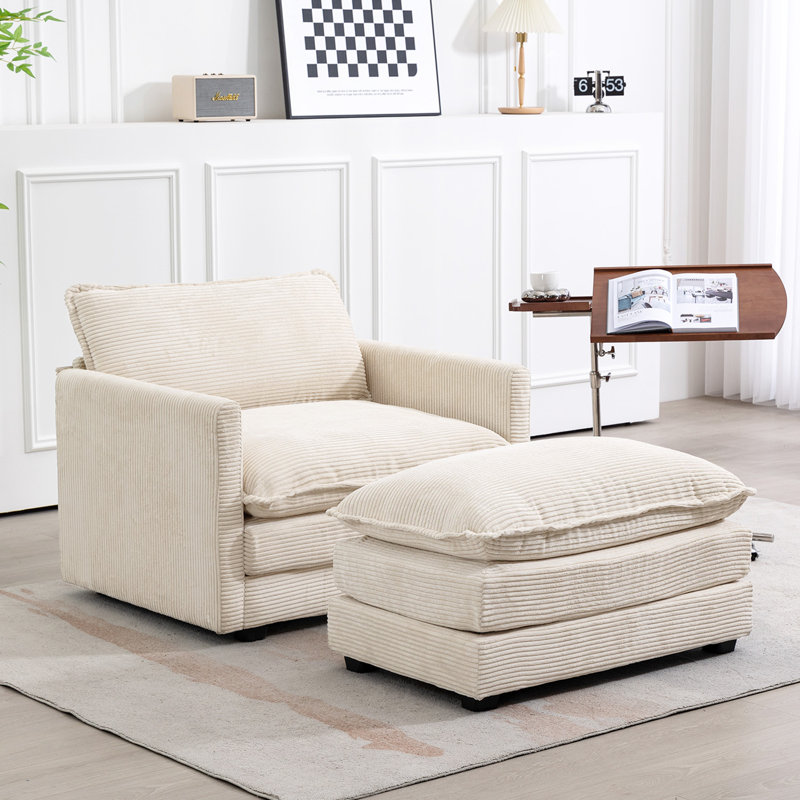 Fauteuil en velours côtelé avec repose-pieds Redenius, Velours côtelé beige